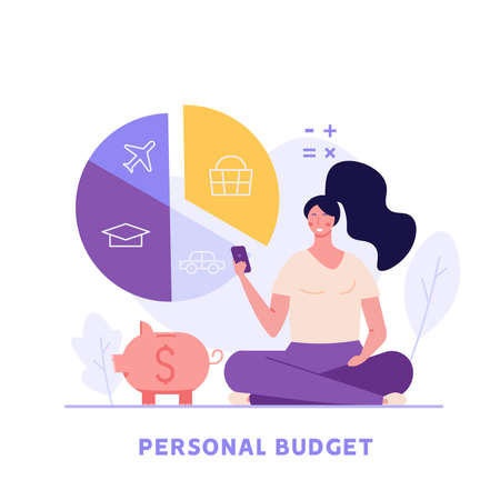 Woman forms the family budget, divides the items of expenditure. Concept of budget, finance control, date, finance, personal budget, family money. Vector illustration in flat designのイラスト素材