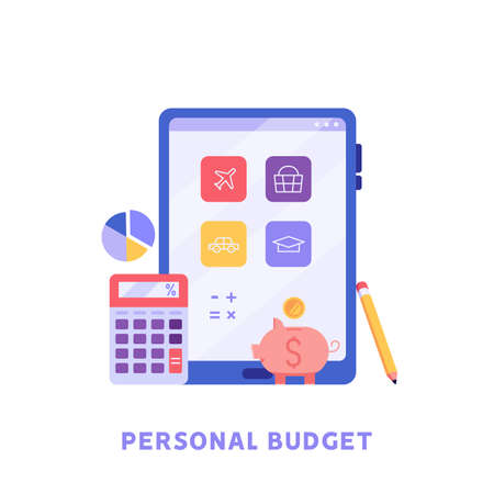 Help in forming a family budget, reasonable spending. Concept of budget, finance control, finance, personal budget, family money, accounting of expenses. Vector illustration in flat designのイラスト素材