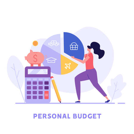Woman forms the family budget, divides the items of expenditure. Concept of budget, finance control, date, finance, personal budget, family money. Vector illustration in flat designのイラスト素材