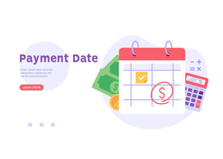 Payment calendar with coin. Concept of payment date, finance calendar, financial stability, pay day, success. Vector illustration in flat designのイラスト素材