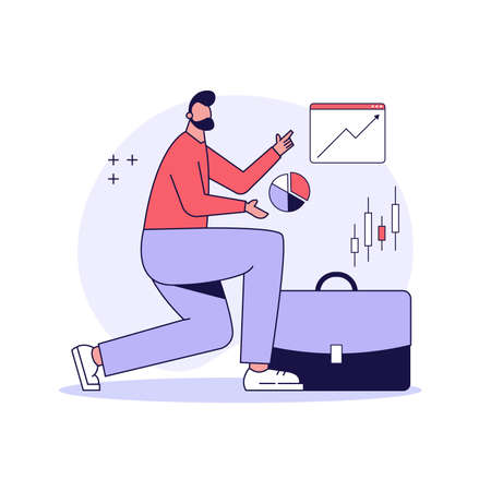 Man successfully invests. Concept of return on investment, financial solutions, passive income, investment strategy, lucky speculation. Vector illustration in flat design for web banner, landing pageのイラスト素材