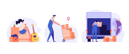 People are helping to move to a new home. Concept of moving service, new house, apartment. Movers moving in new home. Vector illustration for Web Designのイラスト素材
