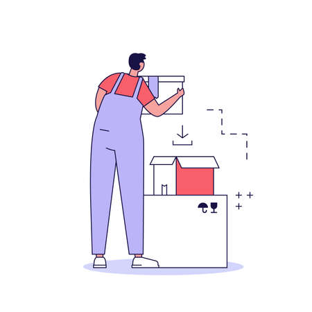 Man packs boxes, helps with the move. Moving service in new house or apartment. Delivery truck with cardboard boxes for home stuff. Movers moving in new home. Vector illustration for Web Designのイラスト素材