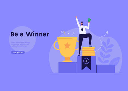 Man standing on first place podium holding golden cup. Happy winner celebrating victory. Business success. Concept of competition, award, successful business. Flat vector illustration for web bannerのイラスト素材