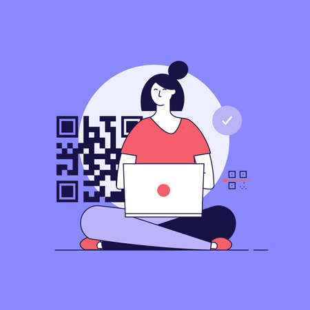 Woman using phone with QR sign. Users scanning QR-code for account sign in, payment online. Concept...