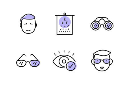 Ophthalmology instruction with line icons. Process of checking eyesight, choosing glasses, special glasses flat icon. Optometry equipment, health care outline signs. Editable strokeのイラスト素材