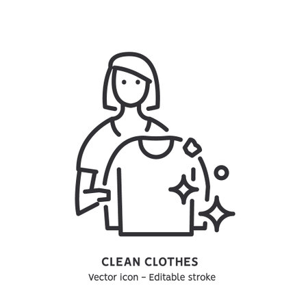 Volunteer girl holding a clean sweater in her hands. Clothing donation, donate clothes flat outline icon. Charity campaign sign. Editable stroke. Vector illustrationのイラスト素材