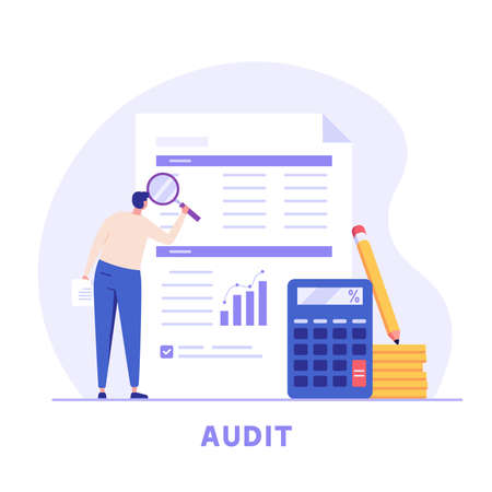 Men study the financial statement. Concept of financial report, digital accounting, audit and financial research, accounting report. Vector illustration in flat designのイラスト素材