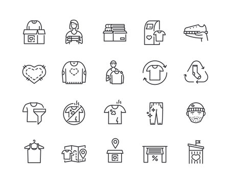 Clothing donation line icons set. Sweater with heart, box for collecting, volunteer help, donate clothes flat outline icon collection. Charity campaign signs. Editable stroke. Vector illustrationのイラスト素材