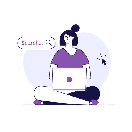 People searching information in internet. Woman looking in spyglass or telescope with search bar. Web search in internet, online surfing, SEO. Trendy vector illustration in flat design for web bannersのイラスト素材