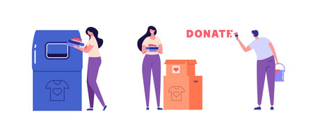 Volunteer group collecting donations. Charity organization donating clothes for poor people. Set of clothing donations, volunteer help, donate clothes. Charity campaign vector flat illustrationのイラスト素材