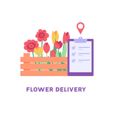 Different flowers in wooden box with order form. Concept of flower delivery service, plant order online, florist store. Vector illustration flat design for web banner, mobile appのイラスト素材