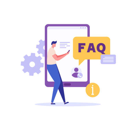 Man reading frequently asked questions. Customer finding answers and solutions. Concept of customer guide, useful information, faq, questions and answers. Vector illustration flat design for bannerのイラスト素材