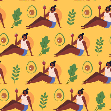 Healthy eco diet plan vector illustration. Fresh organic vegetable. Woman planning diet with fruits and vegetables. Concept of healthy food, meal planning, nutrition consultation, balance diet programのイラスト素材