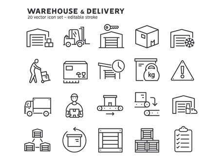 Warehouse and delivery line icons set. Warehouse worker, delivery van, food and cold warehouses. Warehouse exterior, global logistics industry, delivery service flat outline icons. editable strokeのイラスト素材