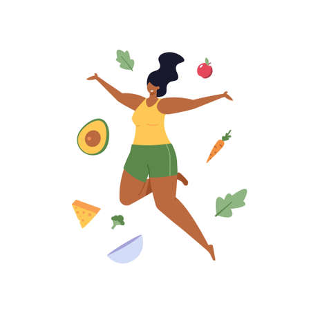 Healthy eco diet plan vector illustration. Fresh organic vegetable. Woman planning diet with fruits and vegetables. Concept of healthy food, meal planning, nutrition consultation, balance diet programのイラスト素材