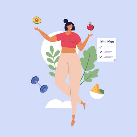 Healthy eco diet plan vector illustration. Fresh organic vegetable. Woman planning diet with fruits...