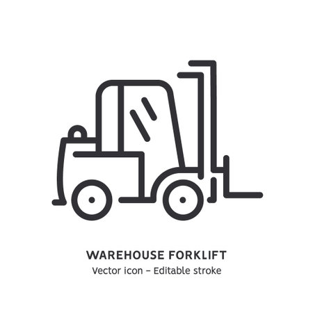 Warehouse forklift line icon. Warehouse truck, global logistics industry, work transport flat outline icon. editable strokeのイラスト素材