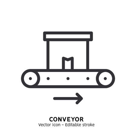 Conveyor line icon. Warehouse conveyor belt with package box pictogram. Warehouse tool, global logistics industry, delivery service frozen product flat outline icon. editable strokeのイラスト素材