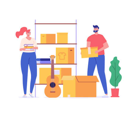 Family keeping personal items in rental self-storage unit. Man and woman holding boxes. Concept of self storage unit, small mini warehouse, rental garage. Vector illustration in flat designのイラスト素材