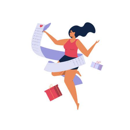 Beautiful woman writing wish list. Young girl planning to buy gifts with wishlist. Concept of wishlist, dreaming about gift, making wish. vector illustration in cartoon designのイラスト素材