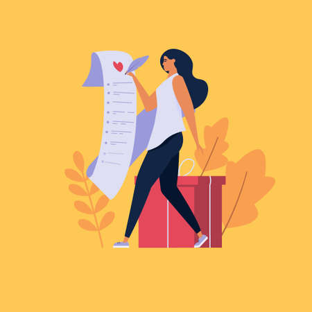 Beautiful woman writing wish list. Young girl planning to buy gifts with wishlist. Concept of wishlist, dreaming about gift, making wish. vector illustration in cartoon designのイラスト素材