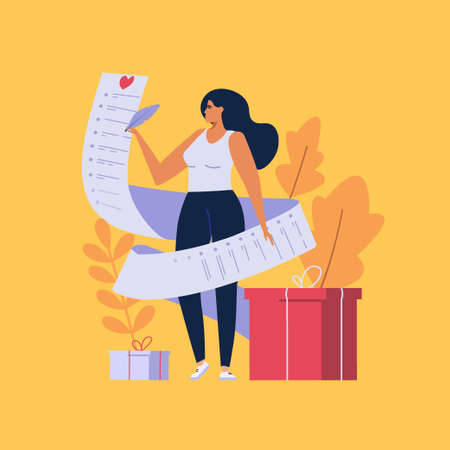 Beautiful woman writing wish list. Young girl planning to buy gifts with wishlist. Concept of wishlist, dreaming about gift, making wish. vector illustration in cartoon designのイラスト素材
