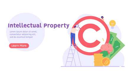 Copyright vector illustration. Concept of intellectual property, copyright, authorship rights. People protecting data license. Vector illustration in flat cartoon design for web banner, UIのイラスト素材