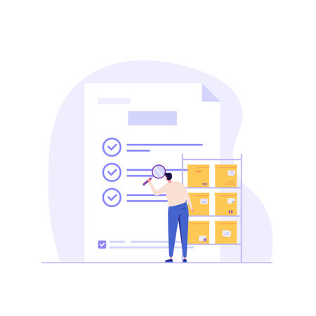product quality control illustration. Concept of product guarantee, service quality. man checking certificate. employee inspection boxes. Vector illustration in flat design for web banner, UIのイラスト素材