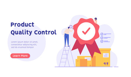 product quality control illustration. Concept of product guarantee, service quality. people check certificate. employees inspection boxes. Vector illustration in flat design for web banner, UIのイラスト素材