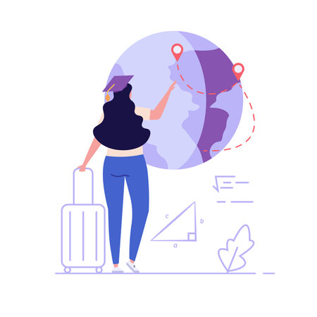 Foreign student learning in international high school. Concept of foreign study, global education, student exchange program, educational tourism. Vector illustration in flat design for web bannerのイラスト素材