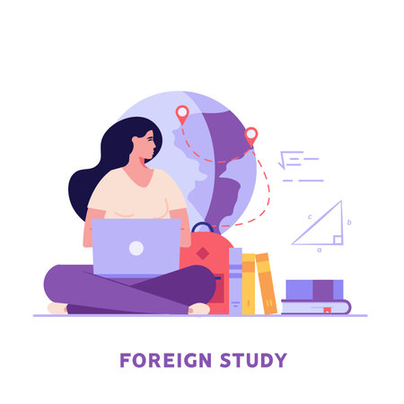 Foreign student learning in international high school. Concept of foreign study, global education, student exchange program, educational tourism. Vector illustration in flat design for web bannerのイラスト素材