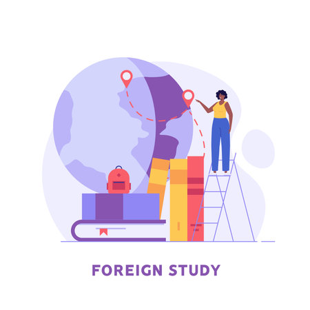 Foreign student learning in international high school. Concept of foreign study, global education, student exchange program, educational tourism. Vector illustration in flat design for web bannerのイラスト素材