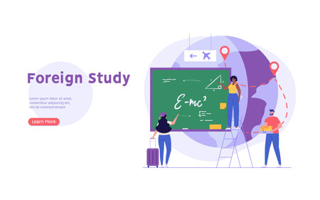 Foreign student learning in international high school. Concept of foreign study, global education, student exchange program, educational tourism. Vector illustration in flat design for web bannerのイラスト素材