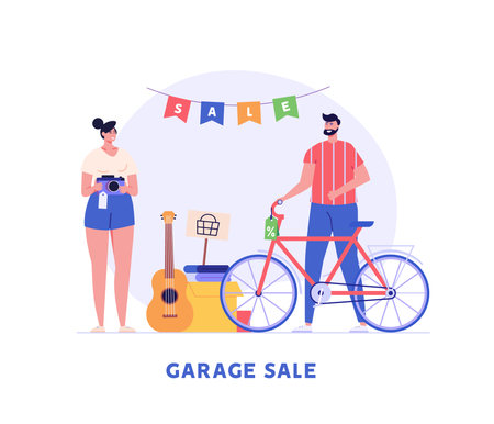 Neighbors buy and sell personal items at garage sale. People shopping home supplies. Concept of garage sale, flea market, bazaar. Vector illustration in flat cartoon designのイラスト素材