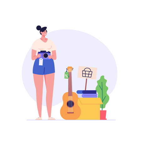 Neighbors buy and sell personal items at garage sale. People shopping home supplies. Concept of garage sale, flea market, bazaar. Vector illustration in flat cartoon designのイラスト素材