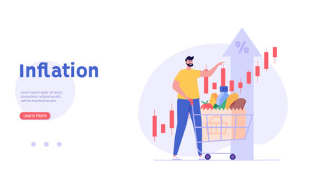 Consumer with shopping cart and grocery prices rising. increase inflation. Concept of inflation, rising food cost, financial crisis. Vector illustration in flat cartoon design.のイラスト素材