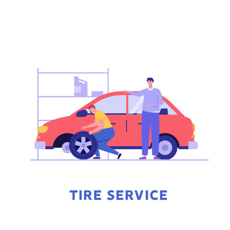 Tire service illustration. Professional mechanics change wheels and tires. Concept of tire fitting, car repair service, wheels replacement, tire service. Vector flat cartoon design for web bannersのイラスト素材