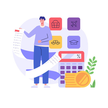 personal budget illustration. Woman forms the family budget, divides items of expenditure. Concept of budget, finance control, date, finance, personal budget, family money. vector flat cartoon designのイラスト素材