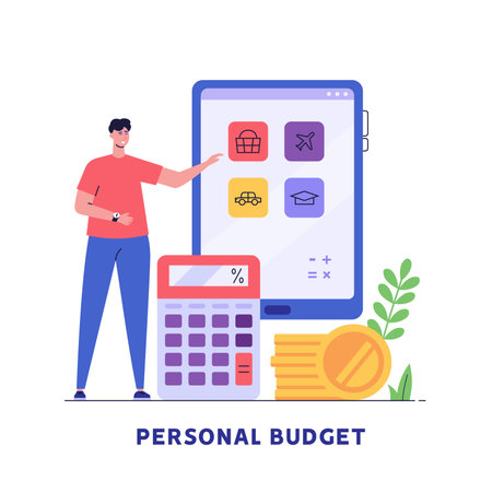 personal budget illustration. Woman forms the family budget, divides items of expenditure. Concept of budget, finance control, date, finance, personal budget, family money. vector flat cartoon designのイラスト素材