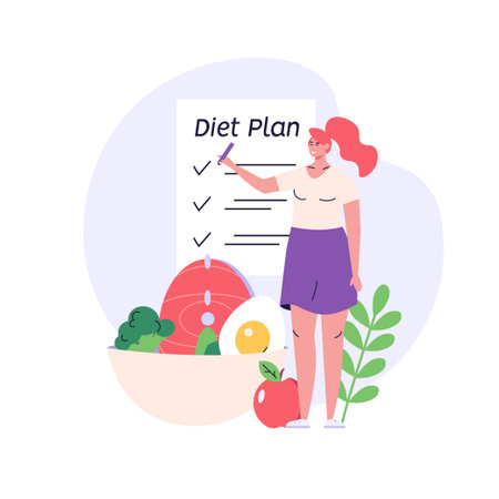 diet plan illustration. Woman planning diet with calendar and fresh vegetable. Meal plan, nutrition consultation, balance diet. people control weight. Vector flat cartoon design for web banners, UIのイラスト素材