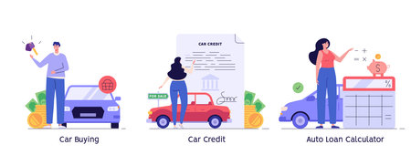 People purchase car on credit. Happy client buying new or use automobile. Car credit. Collection of auto loan calculator, car buying. Vector illustration set in flat design for web banners, UIのイラスト素材