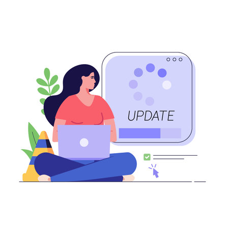 User updating operation system with progress bar. Software upgrade and installation program. Concept of system update, integration, software installation. Vector illustration for UI, mobile appのイラスト素材