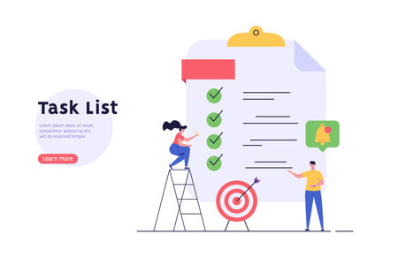 Concept of task done, checklist, to-do list, notification. People marking completed task on checklist. Successful time management. Vector illustration in flat cartoon design for web banner, UIのイラスト素材