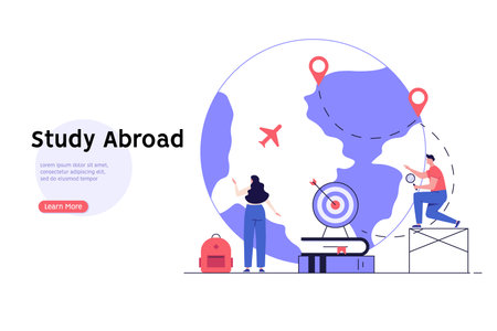 Foreign student learning in international high school. Concept of abroad study, global education, student exchange program, educational tourism. Vector illustration in flat design for web bannerのイラスト素材