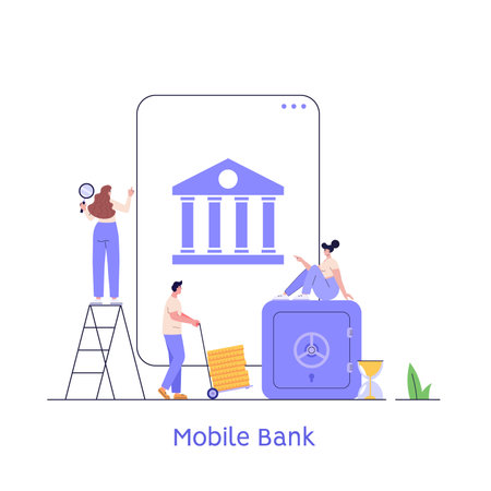 Customer buying online with virtual bank e-card. Client using mobile bank service. Woman saving money in profitable deposit. Set of online payment, mobile bank, safe bank deposit. Vector illustrationsのイラスト素材