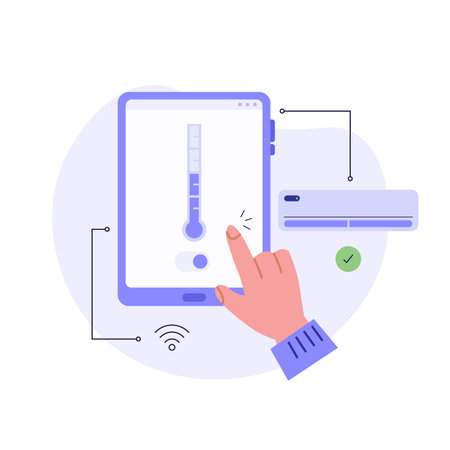 User controls air conditioner with wi-fi remote control at apartment. Concept of air conditioning system, split system, AC. Vector illustration in flat cartoon designのイラスト素材