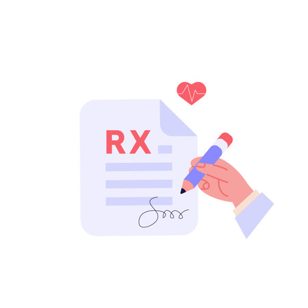 Doctor writes signature. Rx medical prescription for elderly people. Concept of medicine and pharmacy, healthcare, online prescription, disease therapy pills. Vector illustration in flat designのイラスト素材