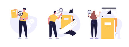People studying information, facts. Set of case study, searching business information, analyze of product features. Vector illustration set in flat design for web bannerのイラスト素材