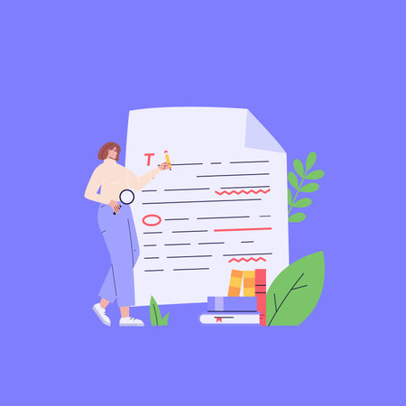 Editing document with text. Correcting grammar mistake with red marker. Teacher fix page text errors. Concept of text editing, grammar edit, correcting mistake. Vector flat cartoon illustrationのイラスト素材
